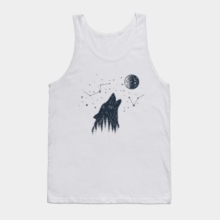 Inspirational Illustration With Wolf, Moon, Stars And Forest In Double Exposure Style Tank Top